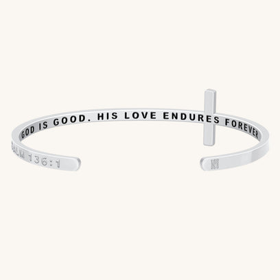 Cross Bracelet - Bible Verse Psalm 136 - God Is Good His Love Endures Forever - Mantra by MantraBand